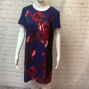 DKNYC Blue Black Color Block  Blurred Floral Short Sleeve Shift Dress Size M